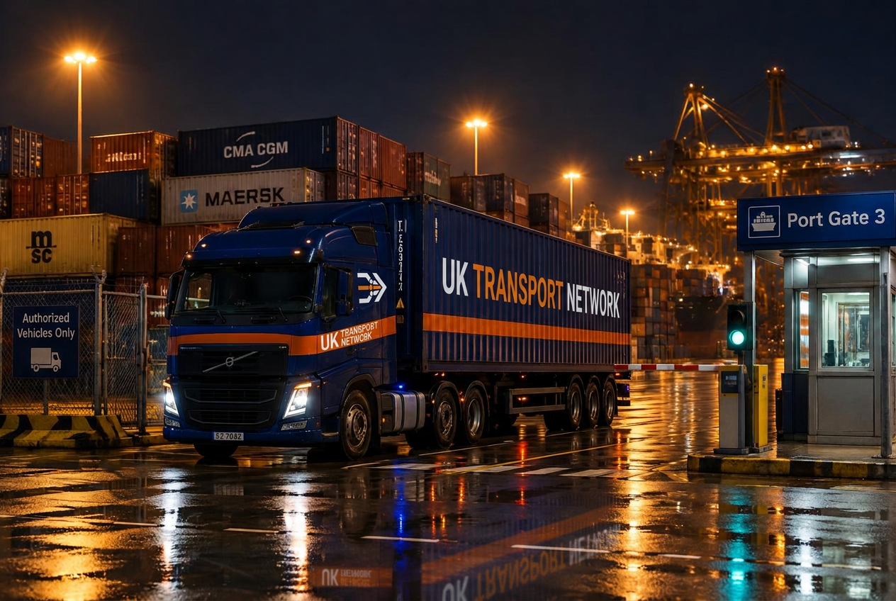 Navy container truck at a port gate at night