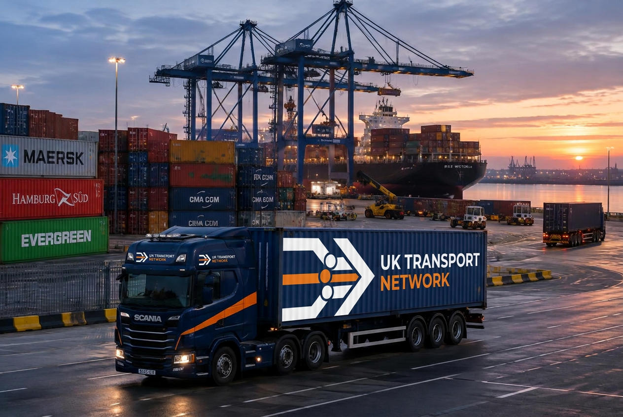 Navy container truck leaving a busy container port terminal